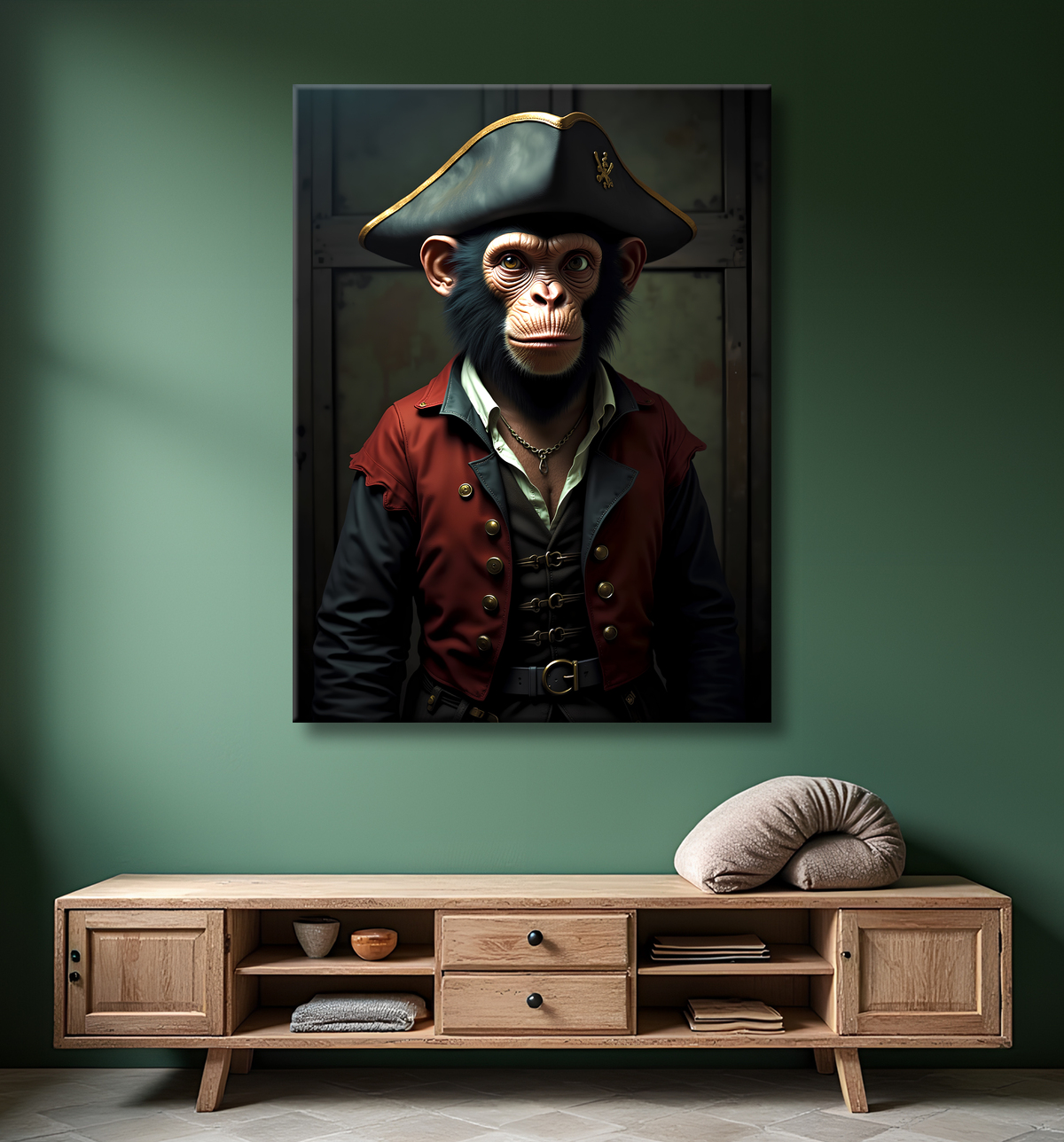 Tableau chimpanzé pirate - Portrait d’animal aventurier plein d’humour avec decor
