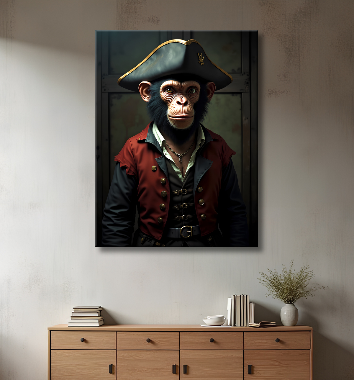 Tableau chimpanzé pirate - Portrait d’animal aventurier plein d’humour avec decor