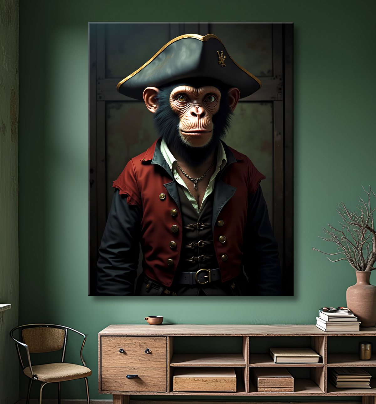 Tableau chimpanzé pirate - Portrait d’animal aventurier plein d’humour avec decor
