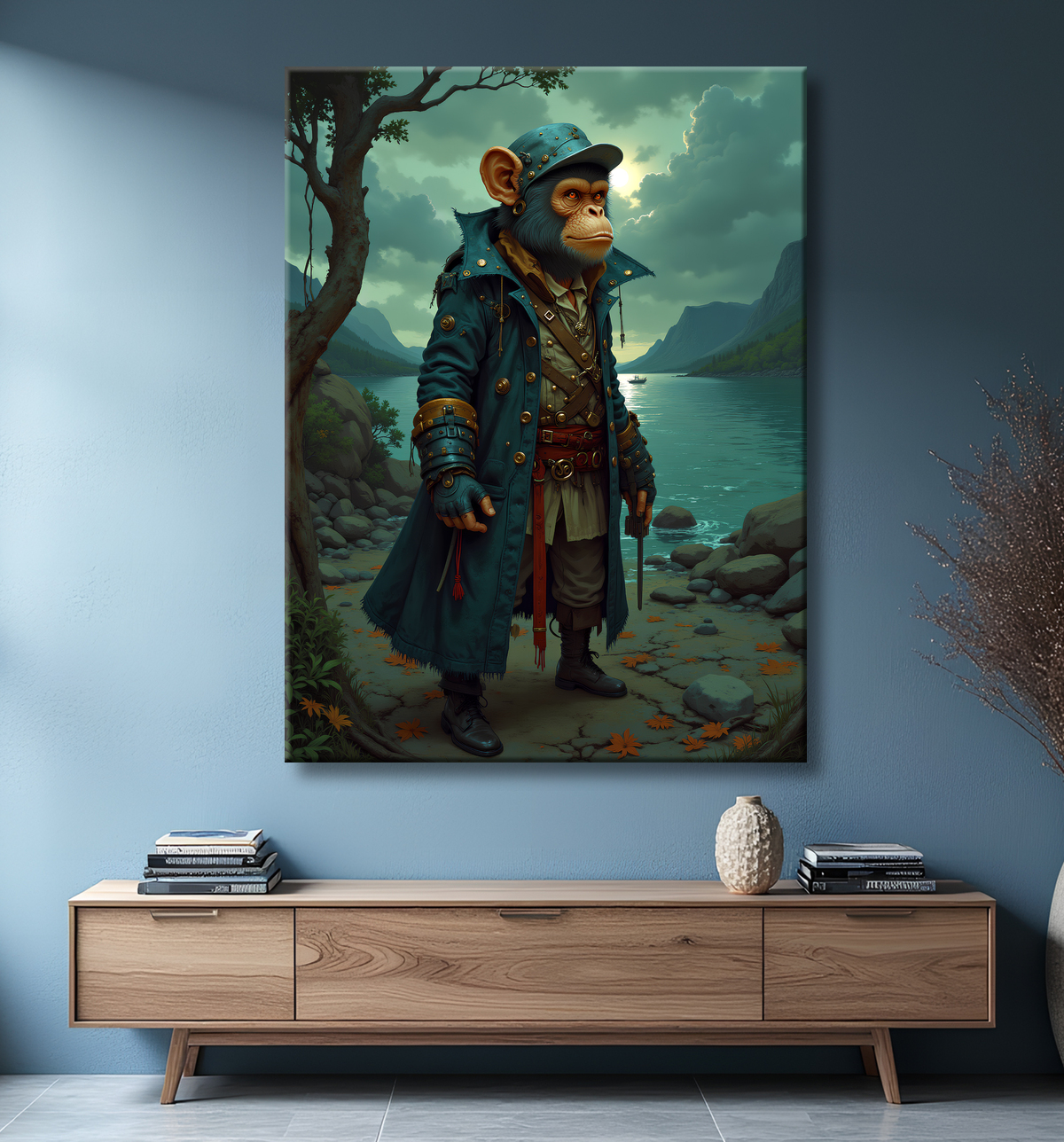 Tableau chimpanzé pirate - Portrait d’animal aventurier plein d’humour avec decor