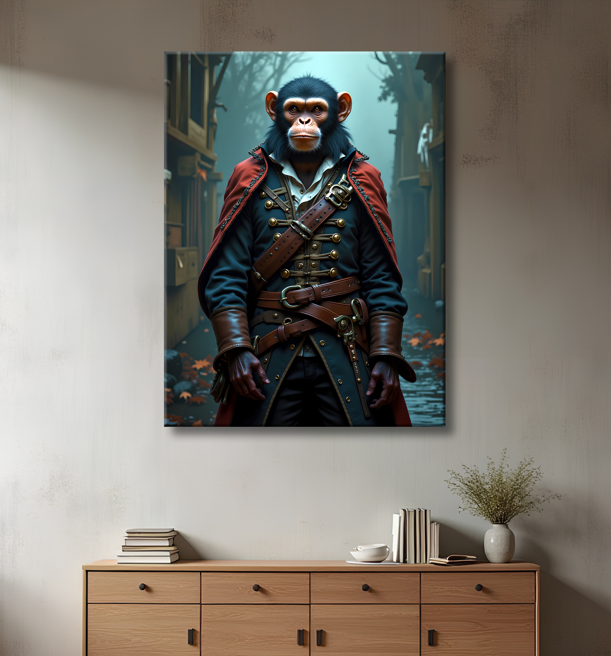 Tableau chimpanzé pirate - Portrait d’animal aventurier plein d’humour avec decor