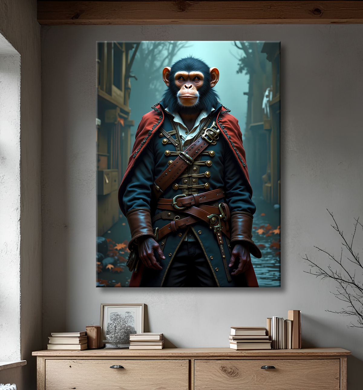Tableau chimpanzé pirate - Portrait d’animal aventurier plein d’humour avec decor