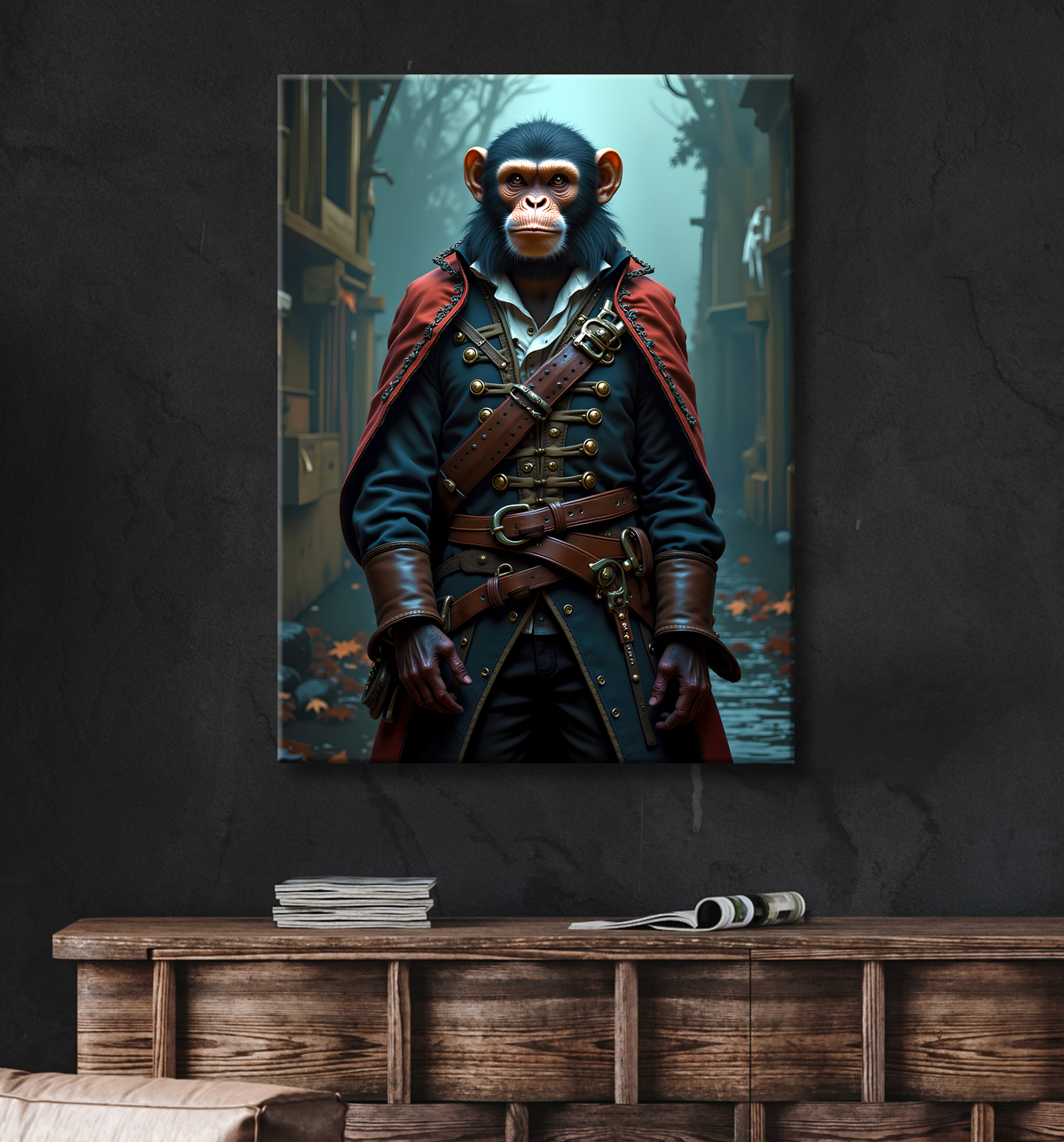 Tableau chimpanzé pirate - Portrait d’animal aventurier plein d’humour avec decor