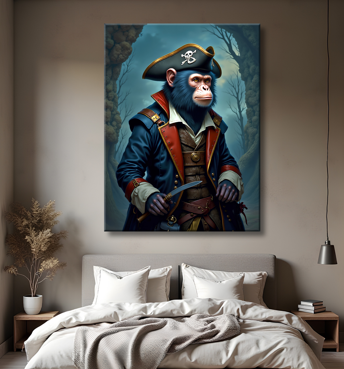 Tableau chimpanzé pirate - Portrait d’animal aventurier plein d’humour avec decor