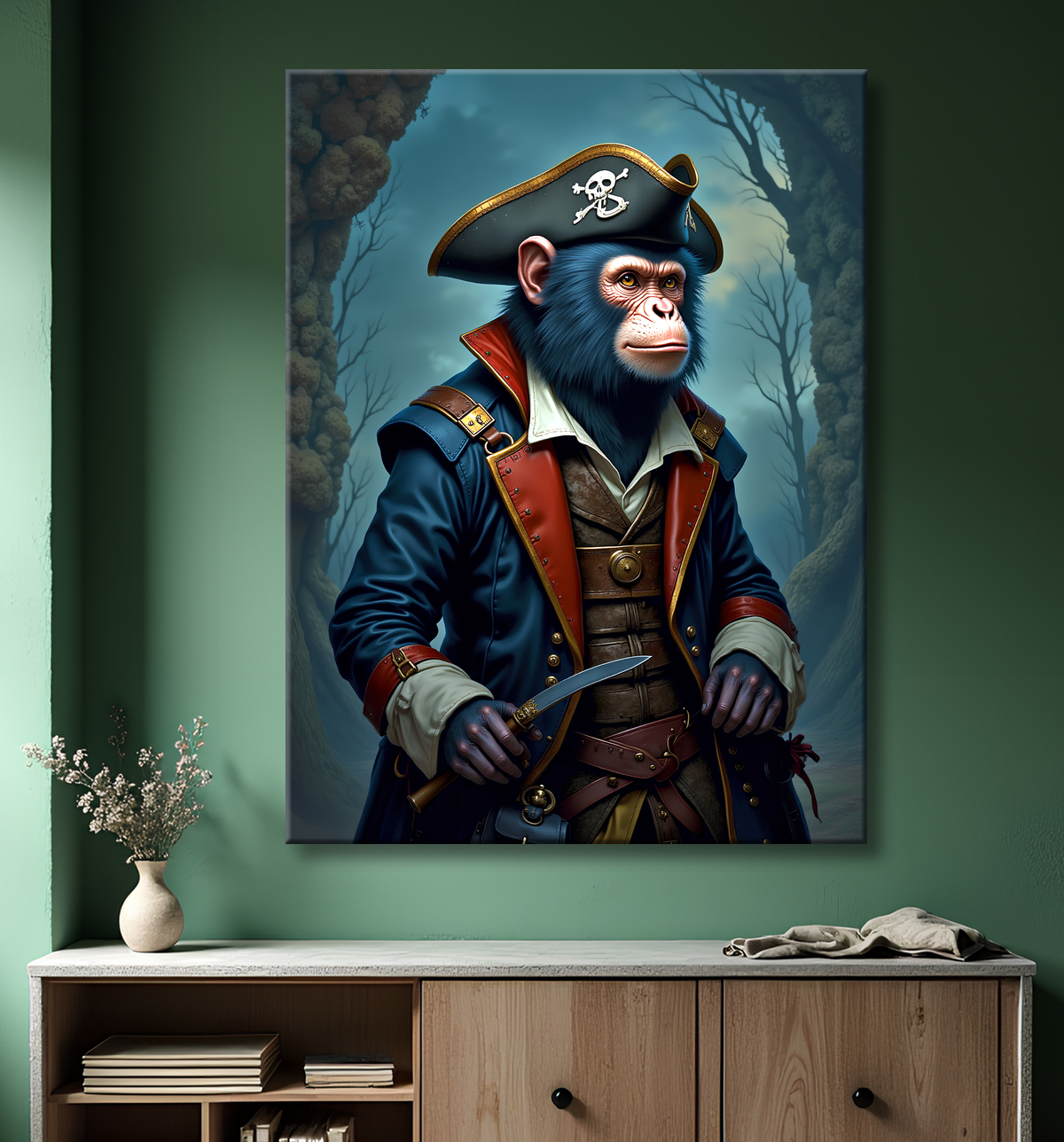Tableau chimpanzé pirate - Portrait d’animal aventurier plein d’humour avec decor