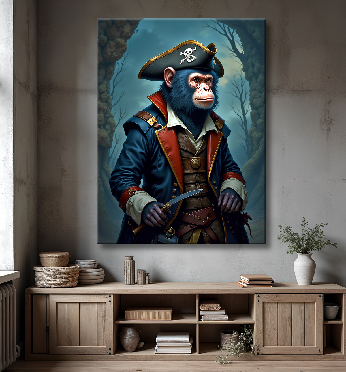 Tableau chimpanzé pirate - Portrait d’animal aventurier plein d’humour avec decor