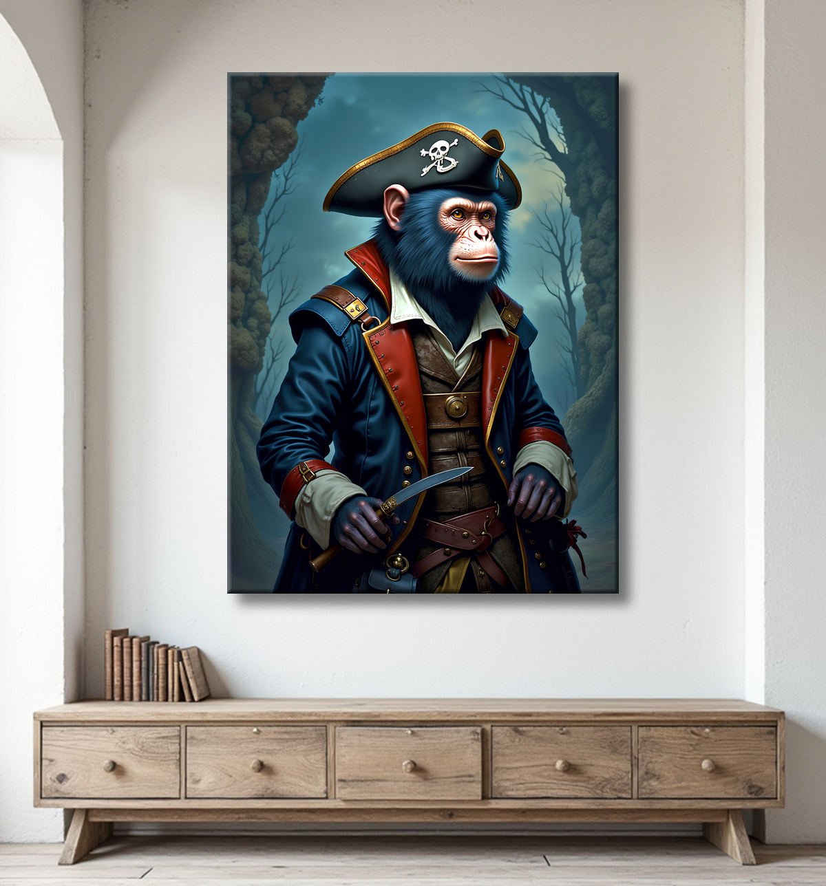 Tableau chimpanzé pirate - Portrait d’animal aventurier plein d’humour avec decor