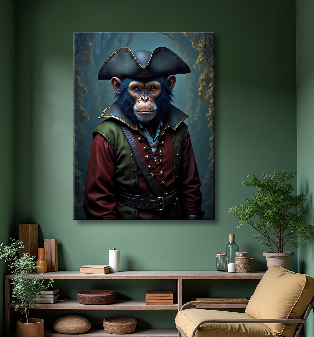 Tableau chimpanzé pirate - Portrait d’animal aventurier plein d’humour avec decor