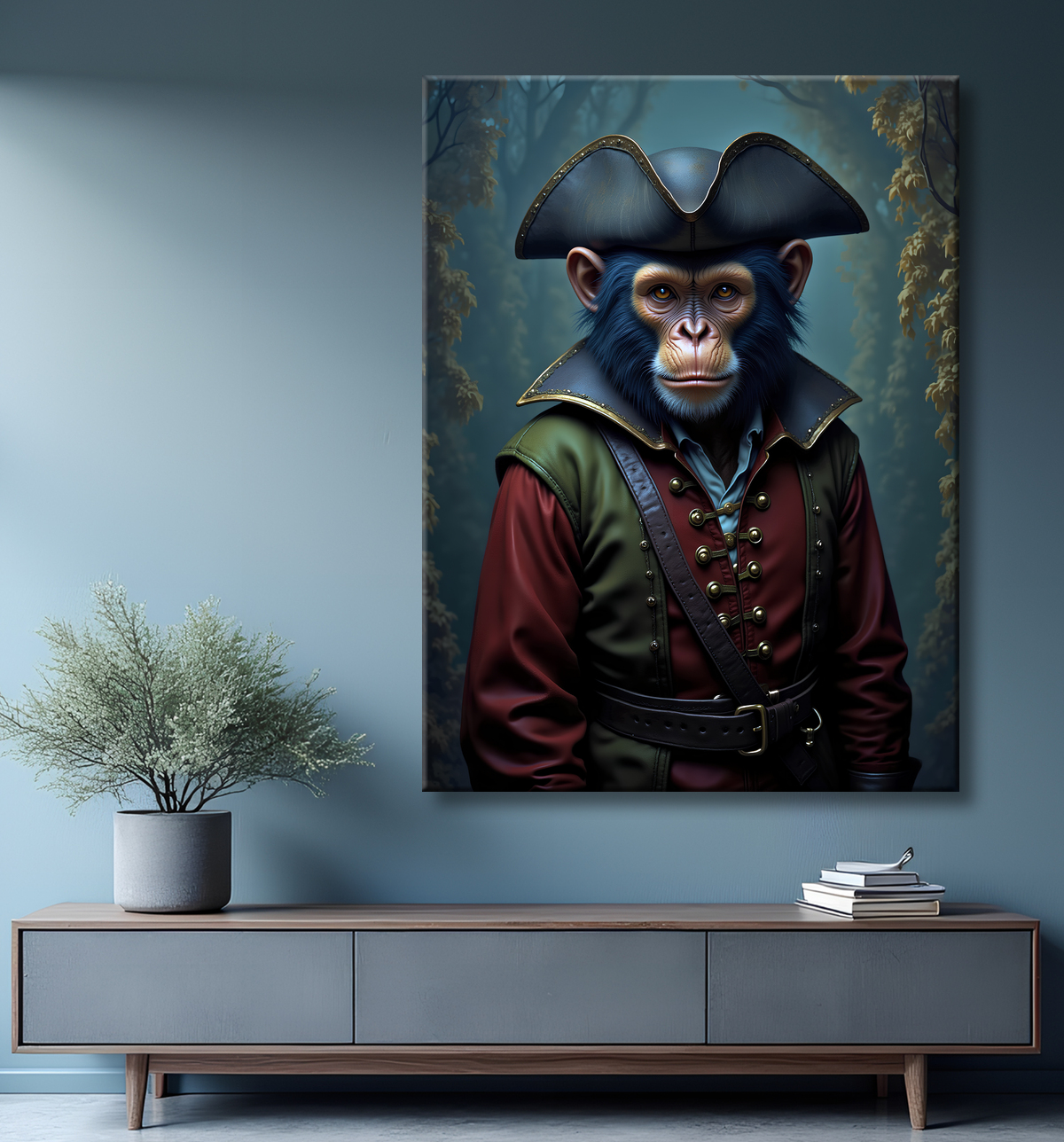 Tableau chimpanzé pirate - Portrait d’animal aventurier plein d’humour avec decor