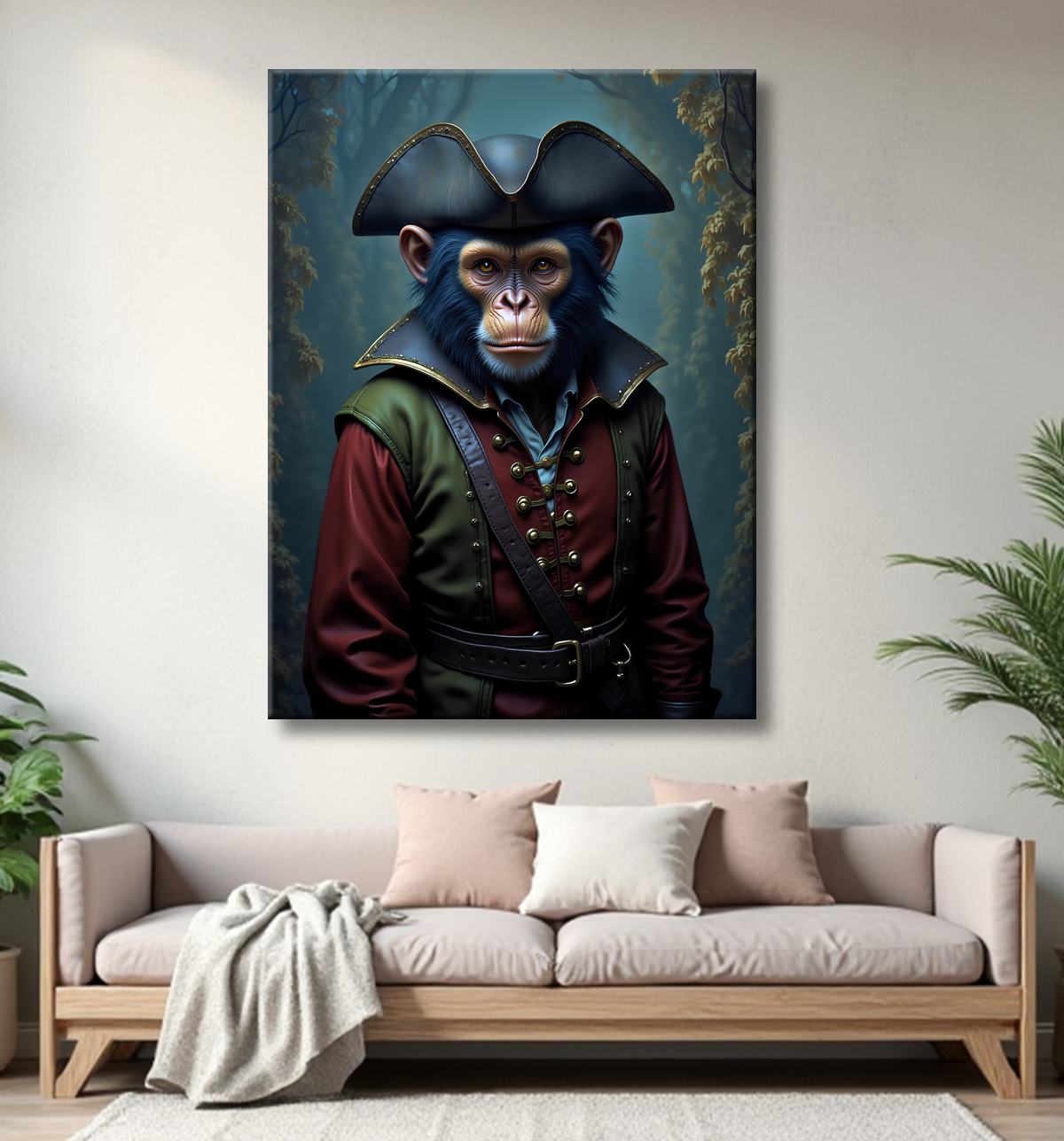 Tableau chimpanzé pirate - Portrait d’animal aventurier plein d’humour avec decor