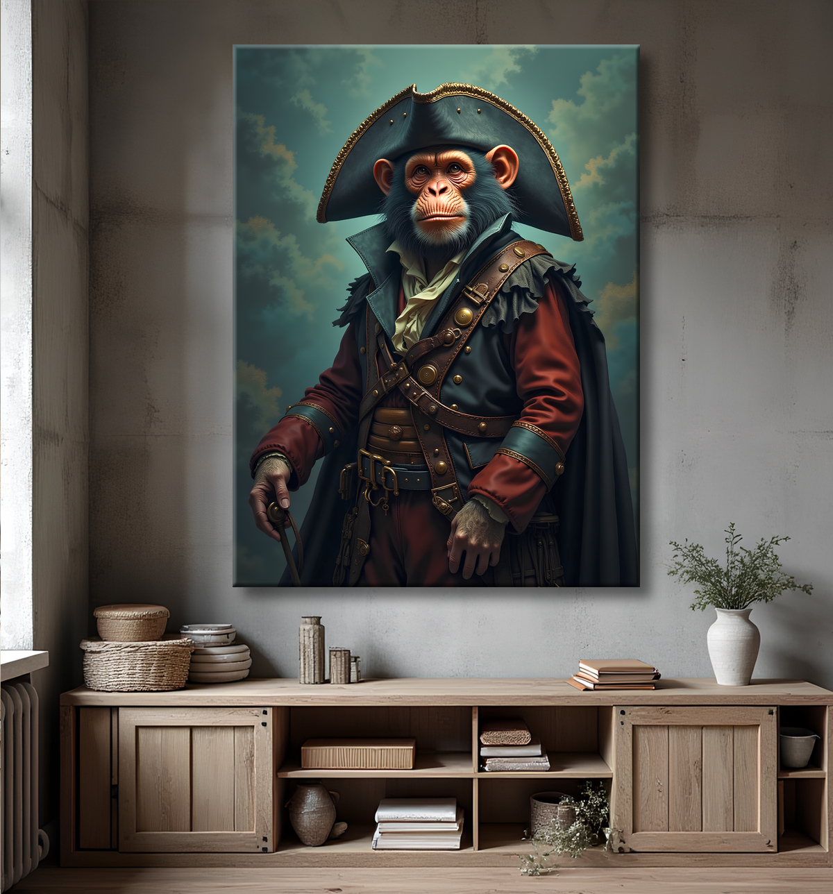 Tableau chimpanzé pirate - Portrait d’animal aventurier plein d’humour avec decor