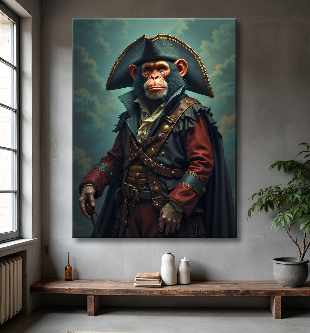 Tableau chimpanzé pirate - Portrait d’animal aventurier plein d’humour avec decor