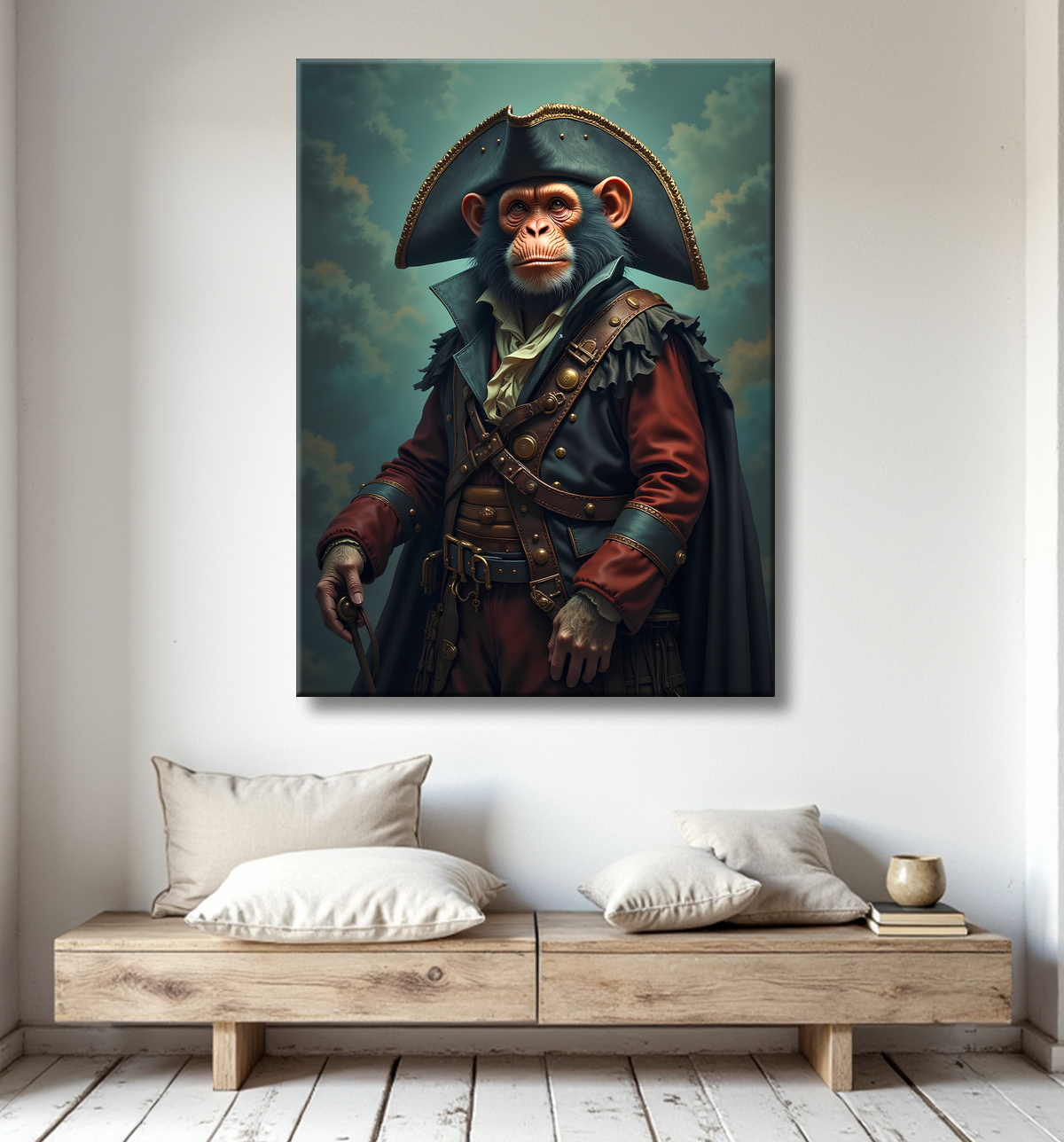 Tableau chimpanzé pirate - Portrait d’animal aventurier plein d’humour avec decor