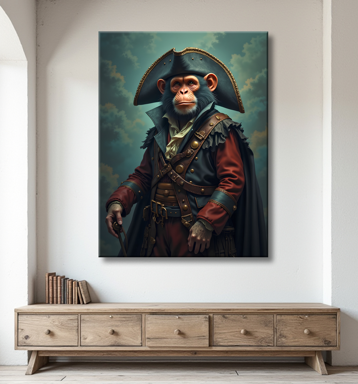 Tableau chimpanzé pirate - Portrait d’animal aventurier plein d’humour avec decor