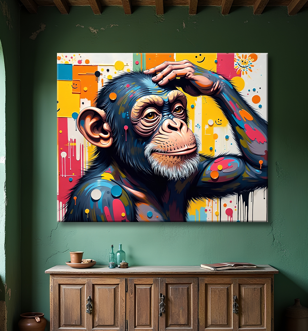 Tableau chimpanzé pensif éclats de peinture colorés avec decor