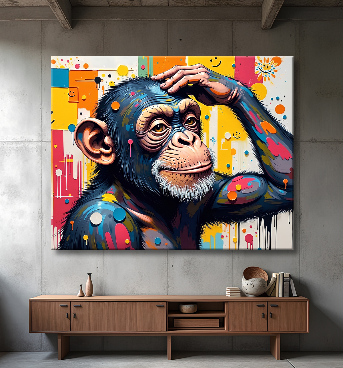 Tableau chimpanzé pensif éclats de peinture colorés avec decor
