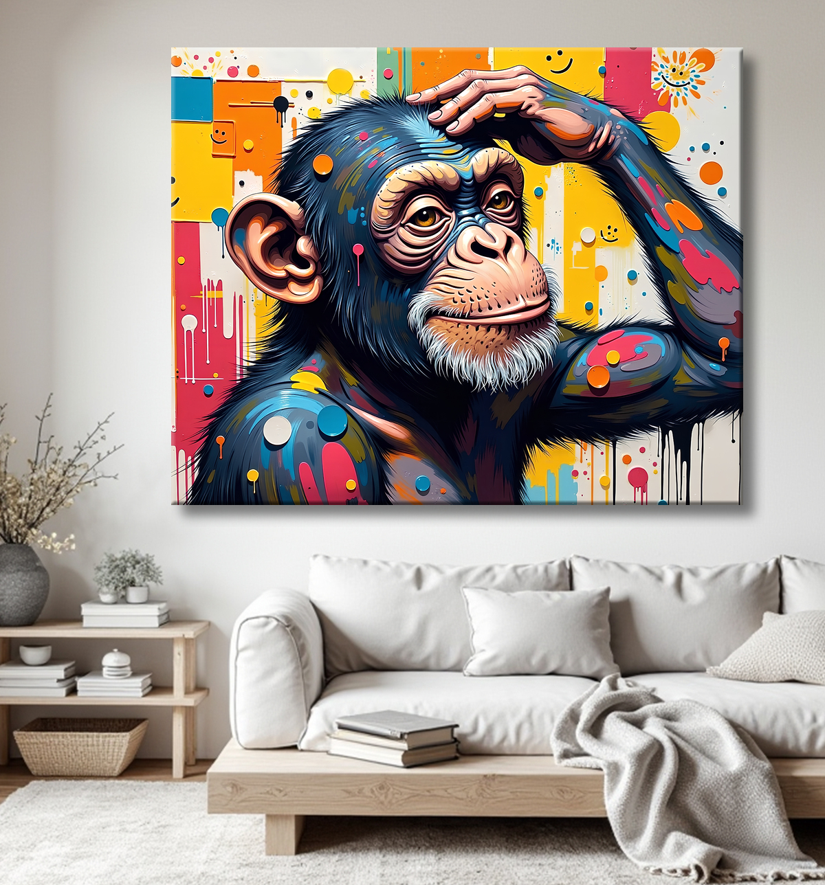 Tableau chimpanzé pensif éclats de peinture colorés avec decor