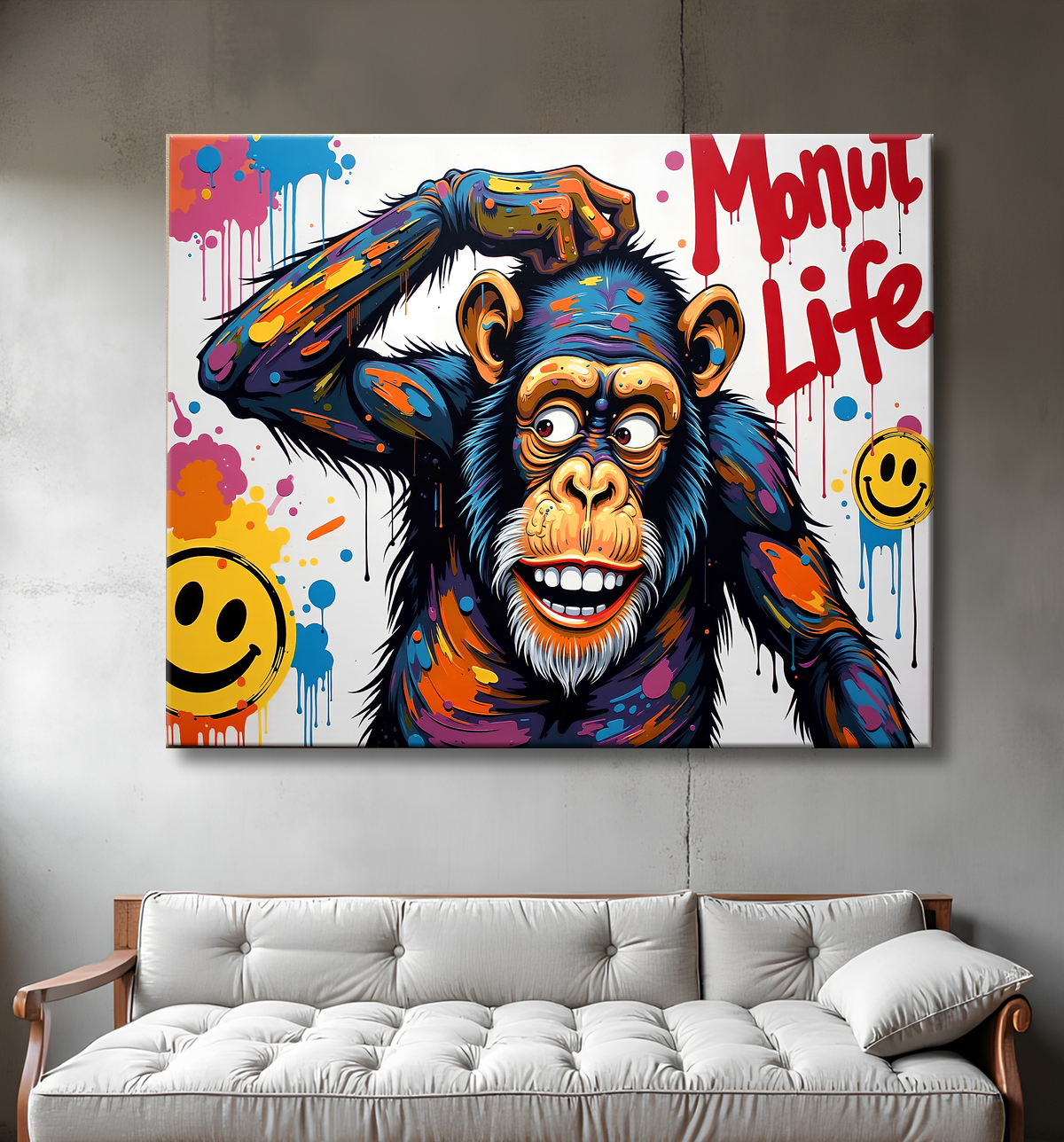 Tableau chimpanzé pensif éclats de peinture colorés avec decor
