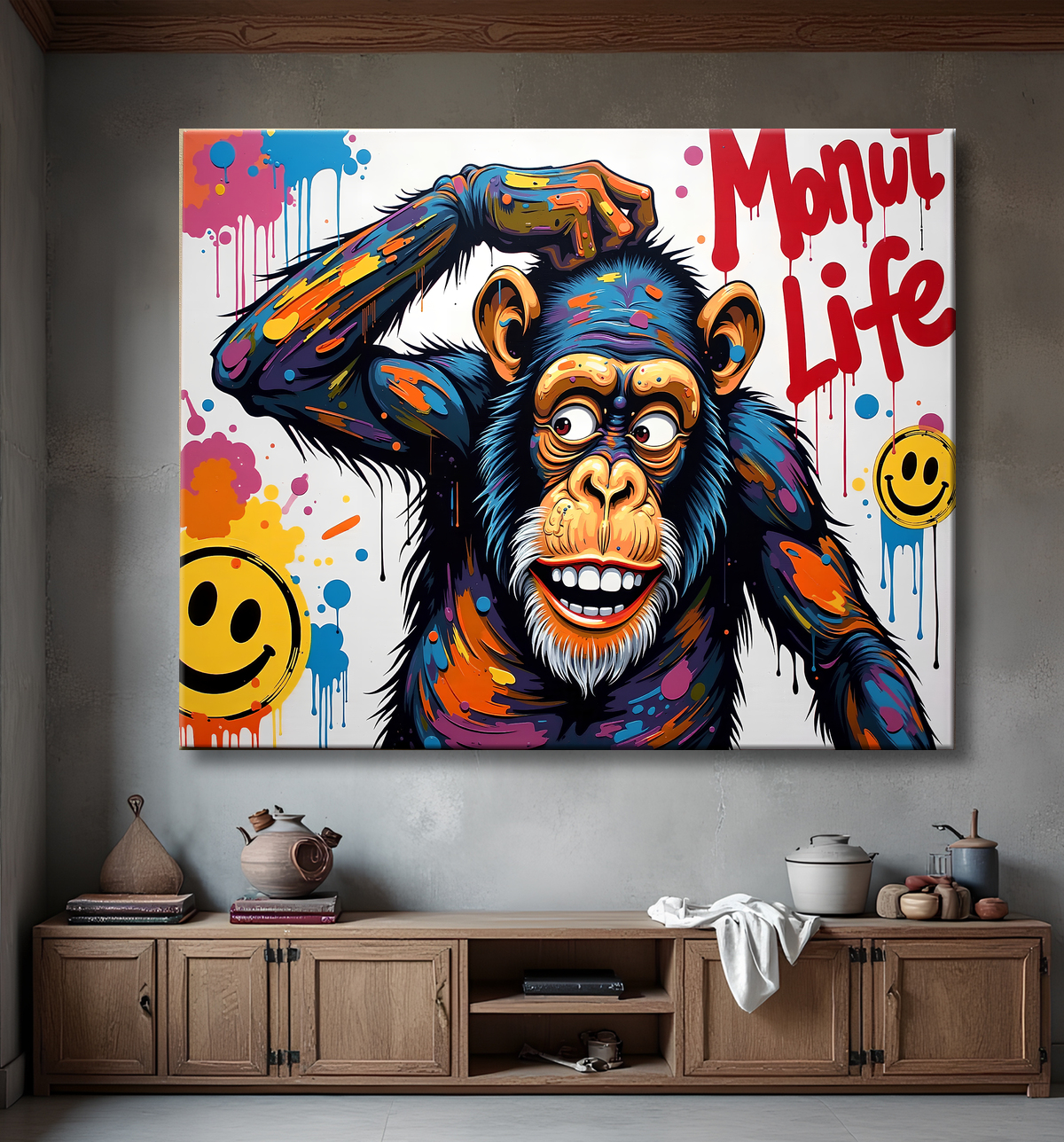 Tableau chimpanzé pensif éclats de peinture colorés avec decor