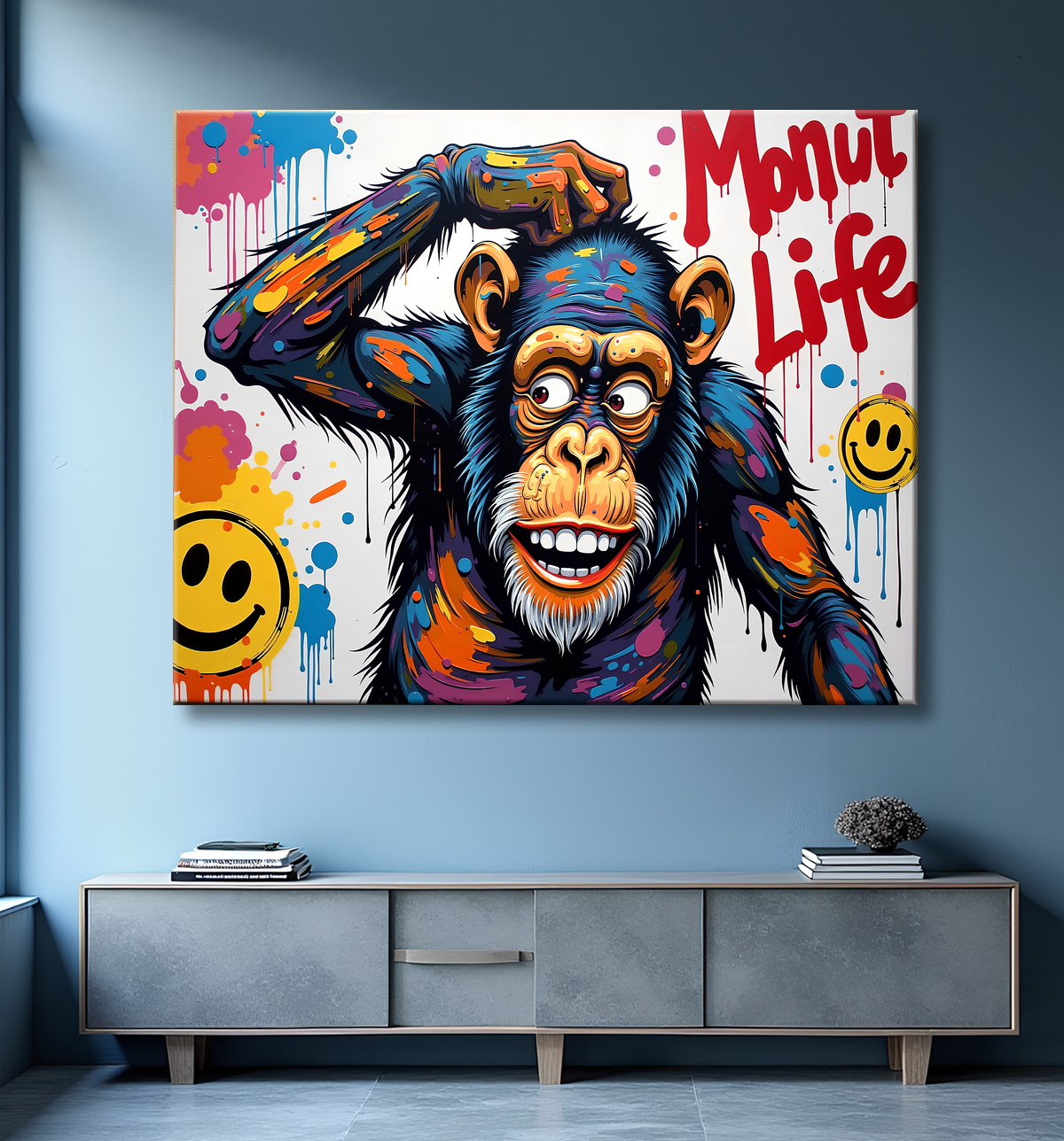 Tableau chimpanzé pensif éclats de peinture colorés avec decor