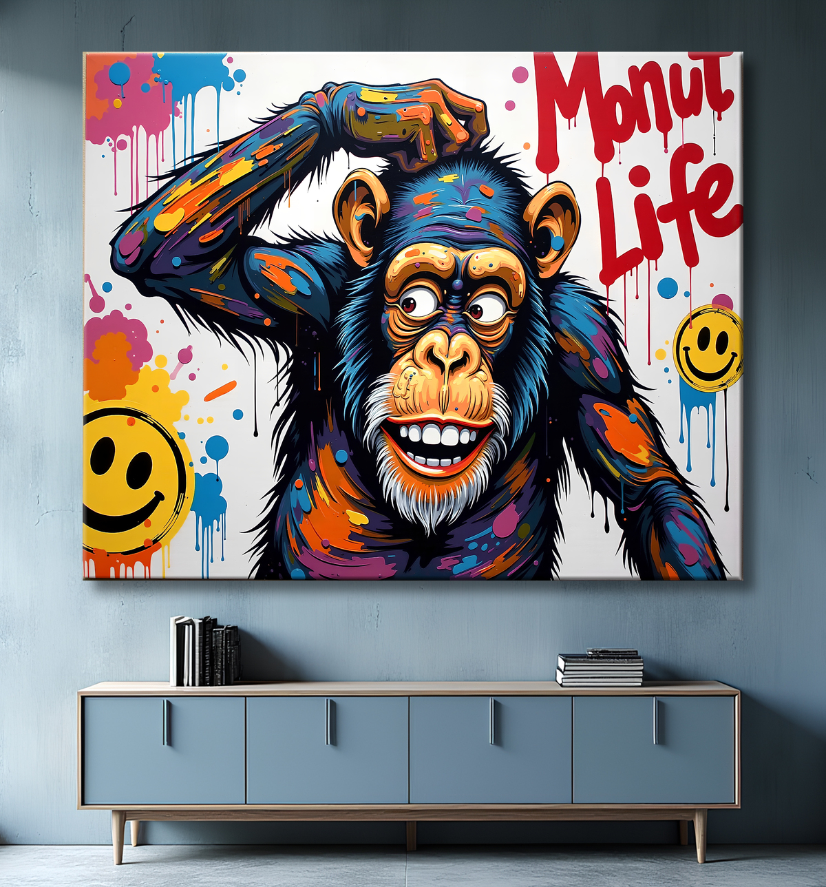 Tableau chimpanzé pensif éclats de peinture colorés avec decor