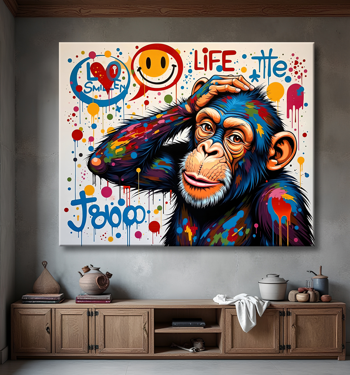 Tableau chimpanzé pensif éclats de peinture colorés avec decor