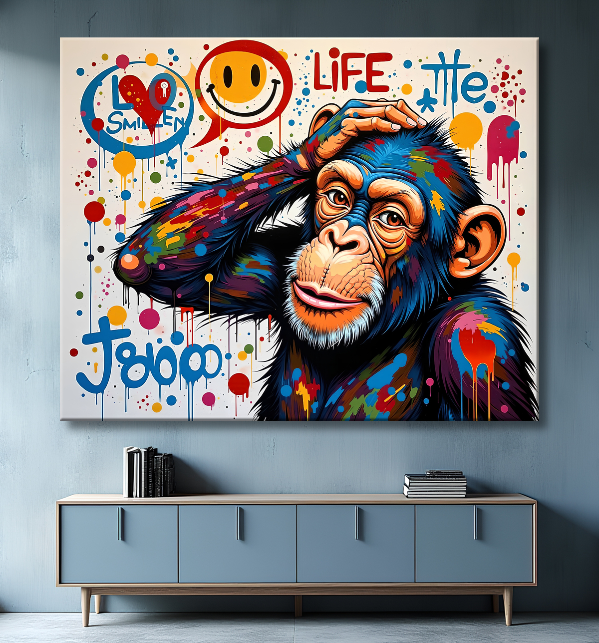 Tableau chimpanzé pensif éclats de peinture colorés avec decor