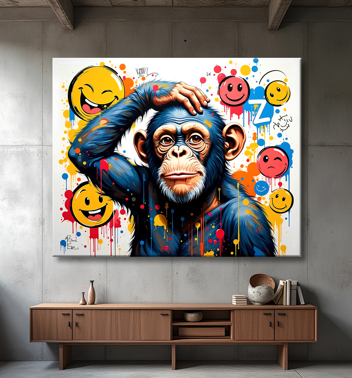 Tableau chimpanzé pensif éclats de peinture colorés avec decor