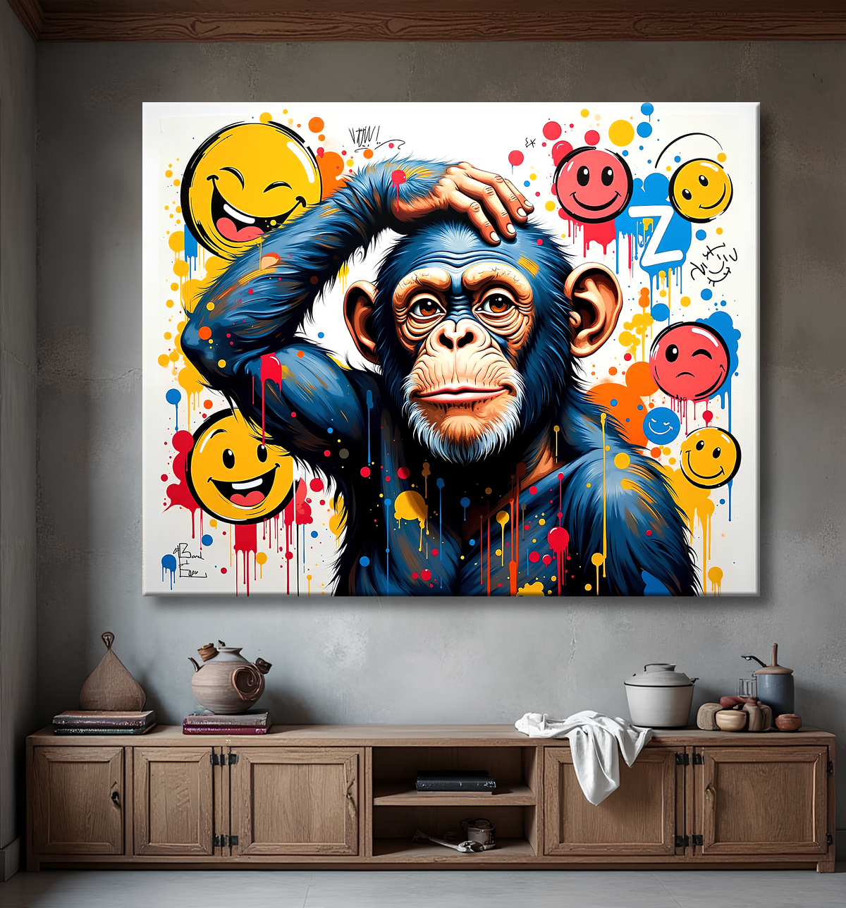 Tableau chimpanzé pensif éclats de peinture colorés avec decor