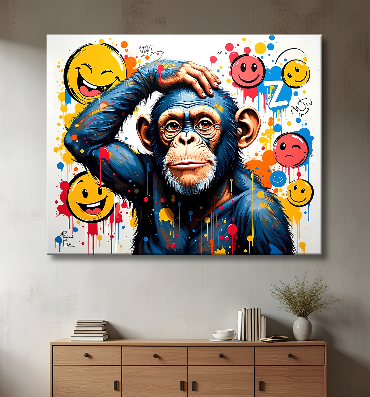 Tableau chimpanzé pensif éclats de peinture colorés avec decor