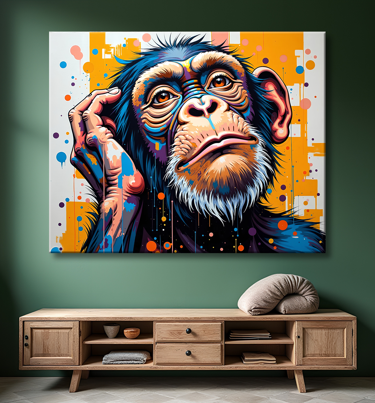 Tableau chimpanzé pensif éclats de peinture colorés avec decor
