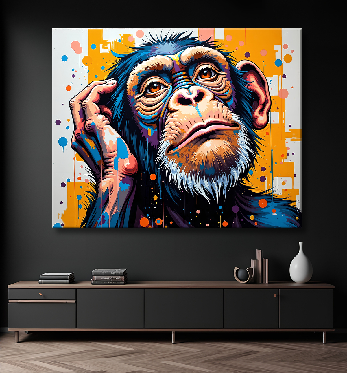 Tableau chimpanzé pensif éclats de peinture colorés avec decor