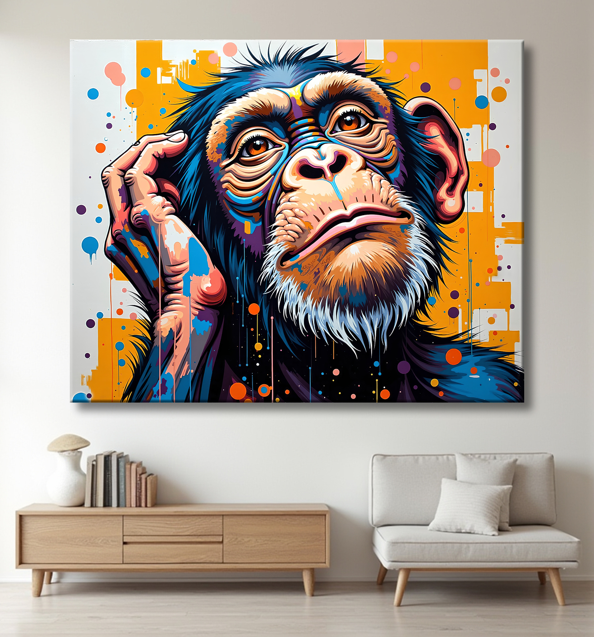 Tableau chimpanzé pensif éclats de peinture colorés avec decor