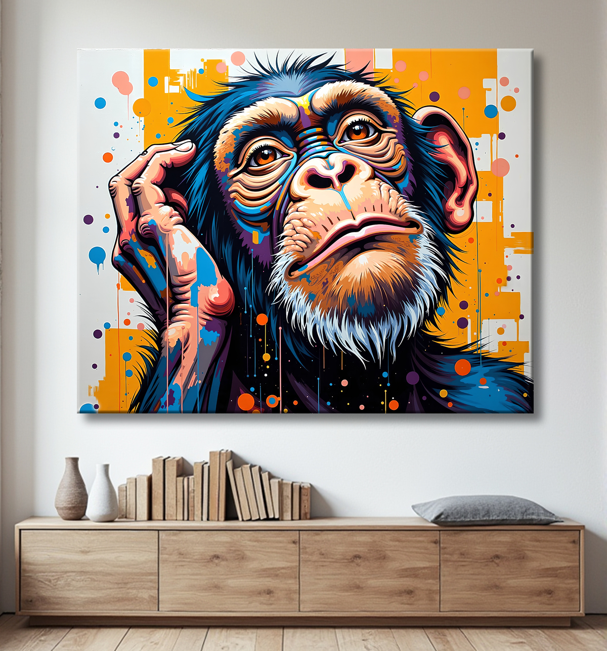 Tableau chimpanzé pensif éclats de peinture colorés avec decor