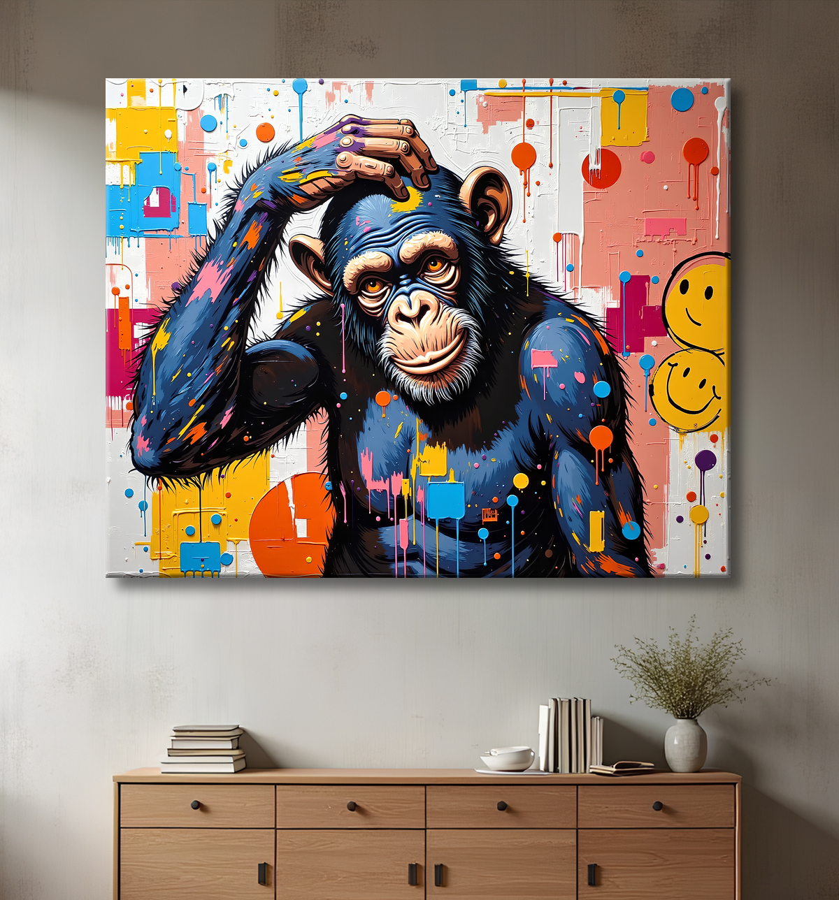 Tableau chimpanzé pensif éclats de peinture colorés avec decor