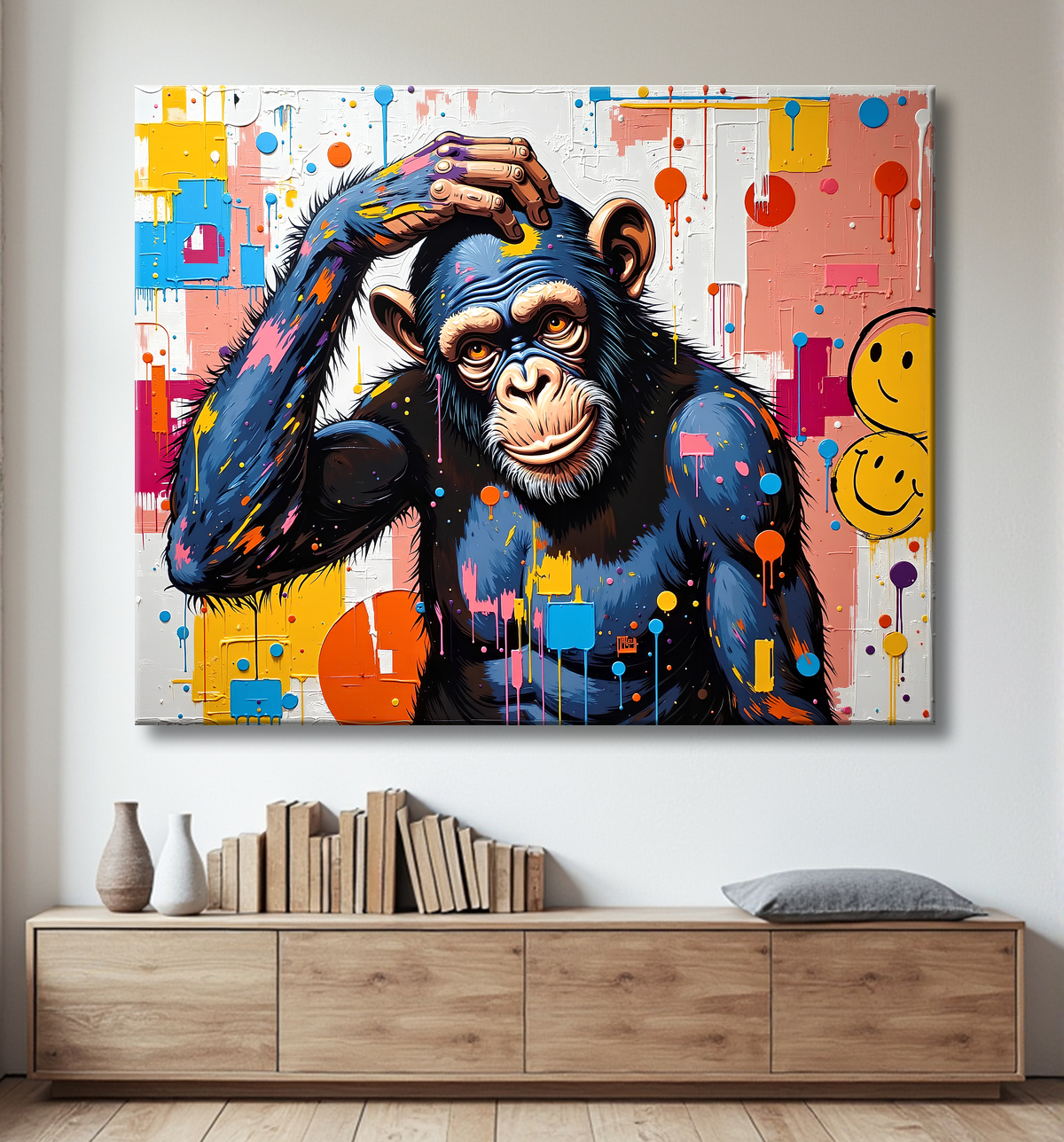 Tableau chimpanzé pensif éclats de peinture colorés avec decor