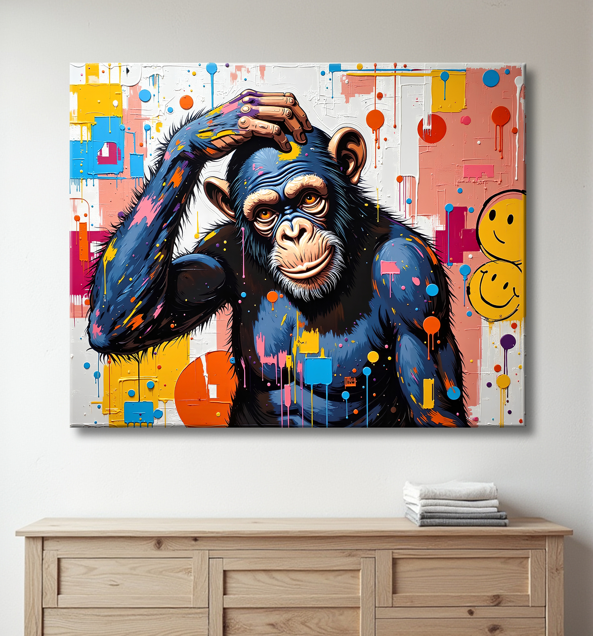 Tableau chimpanzé pensif éclats de peinture colorés avec decor