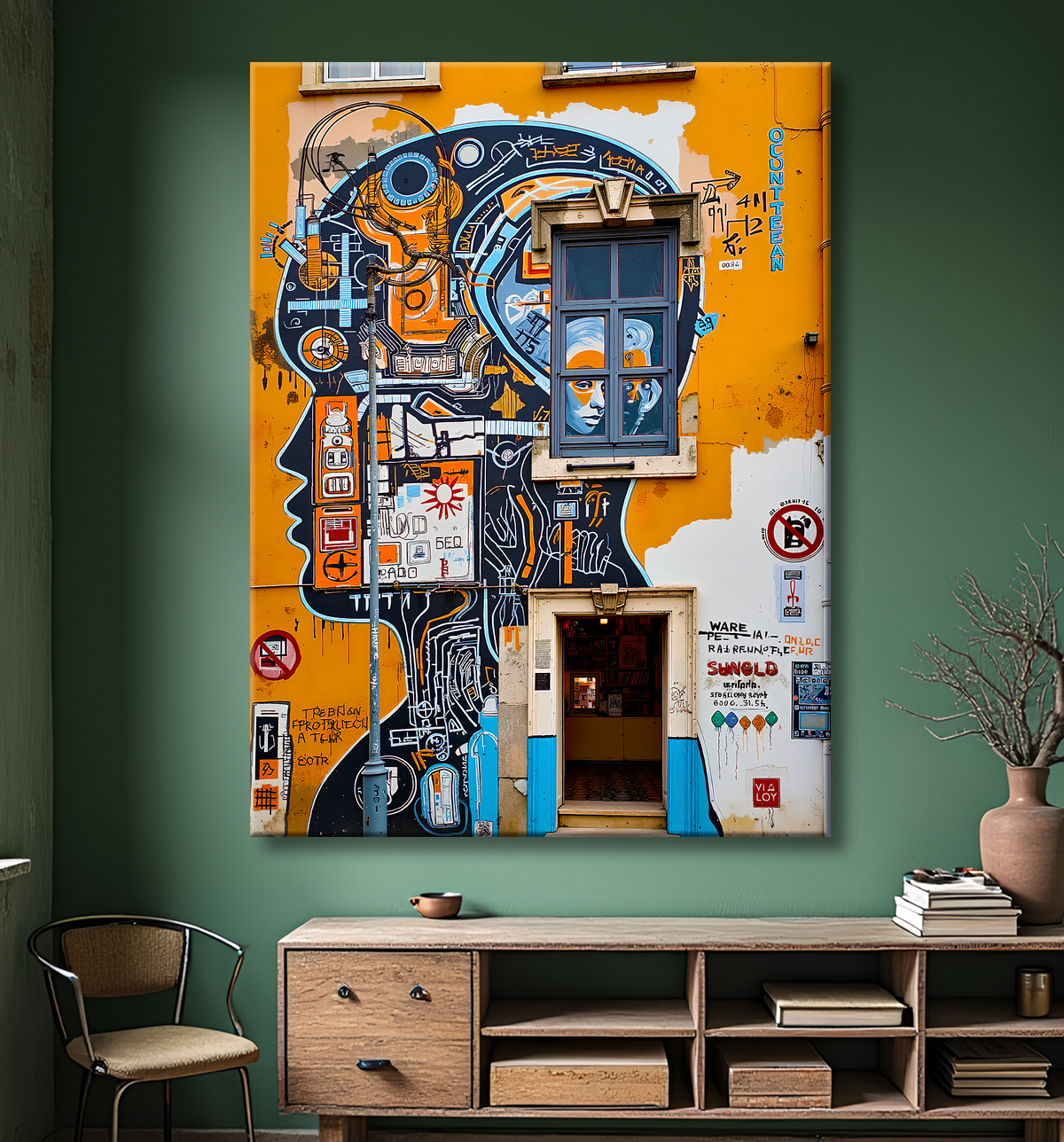 Tableau inspiré du style street art de Jean-Michel Basquiat. Une œuvre vibrante et expressive, mêlant symboles, textes et couleurs vives, pour une décoration audacieuse et contemporaine.