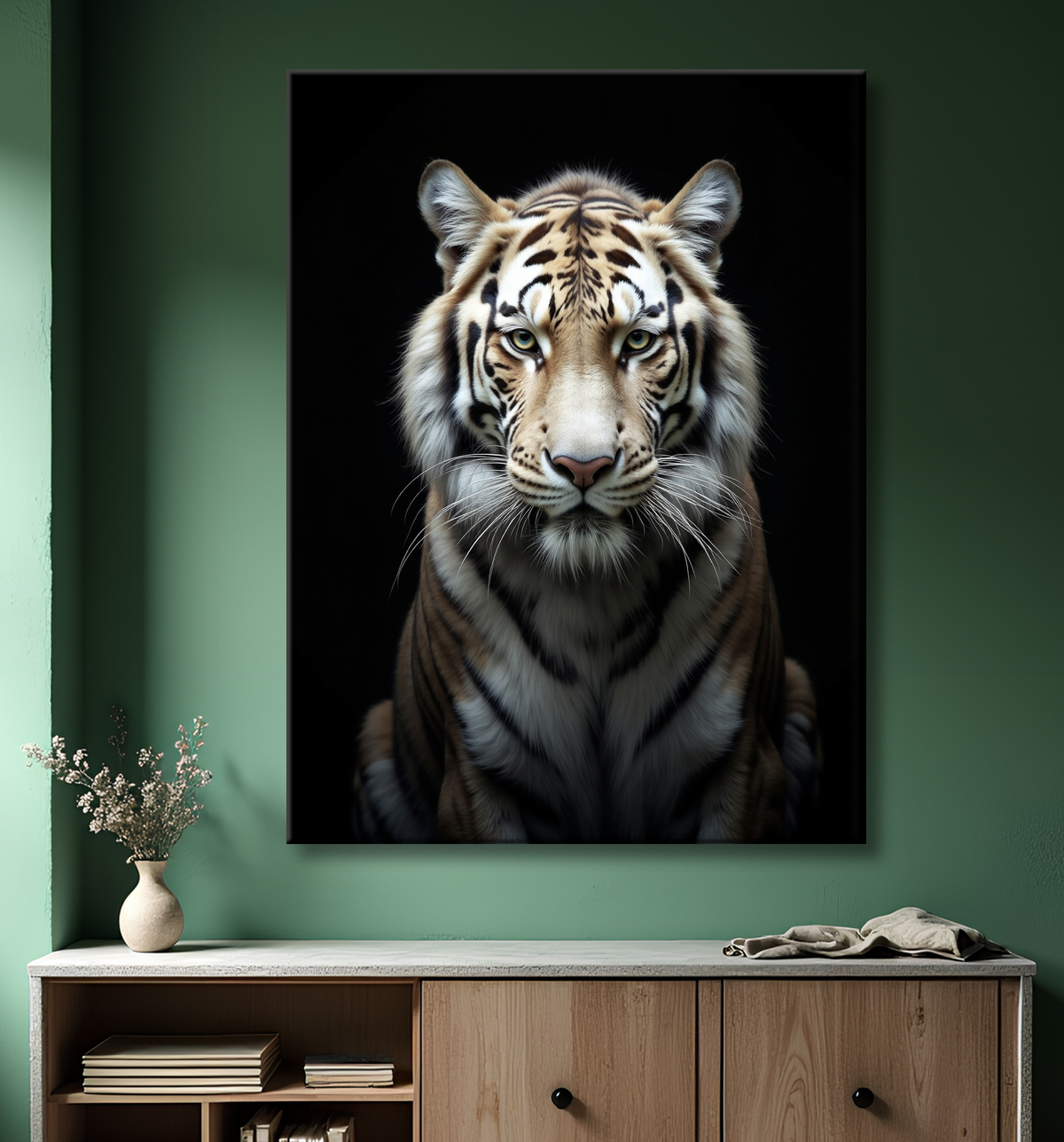 Tableau tigre blanc sur fond noir - Portrait animalier haut de gamme avec decor