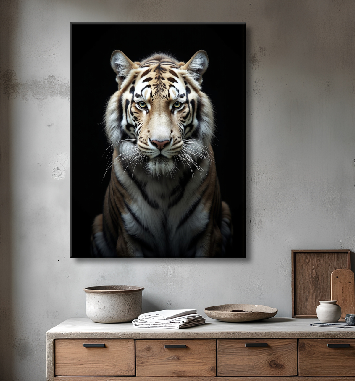 Tableau tigre blanc sur fond noir - Portrait animalier haut de gamme avec decor
