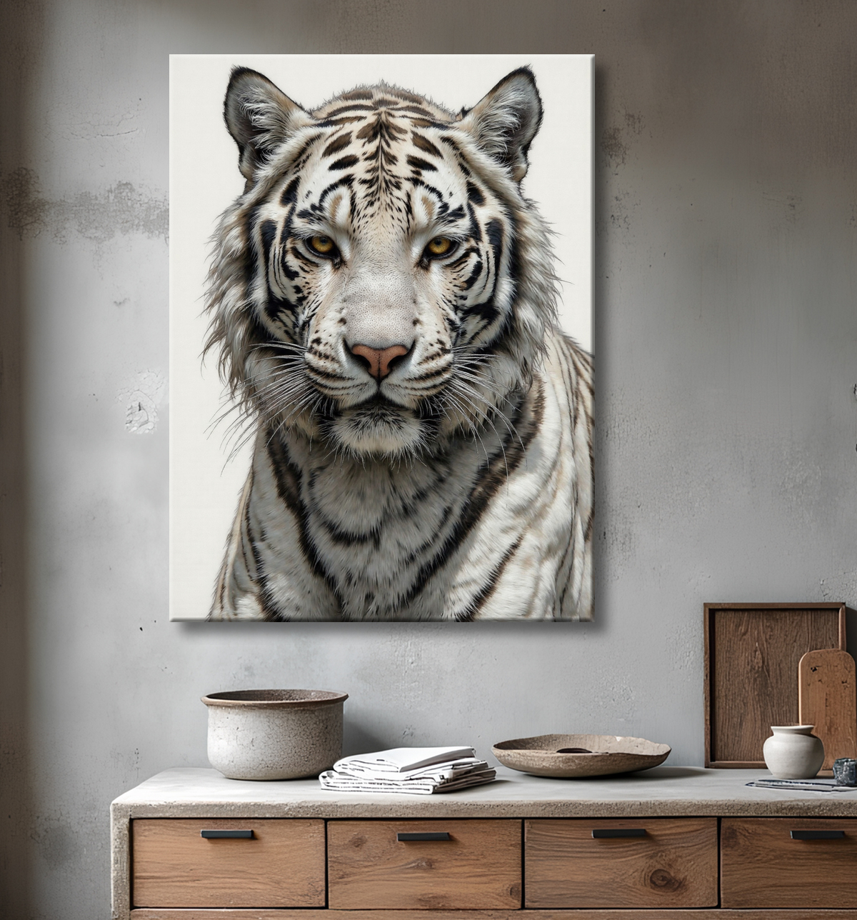 Tableau tigre blanc sur fond clair - Photo d'art décorative avec decor