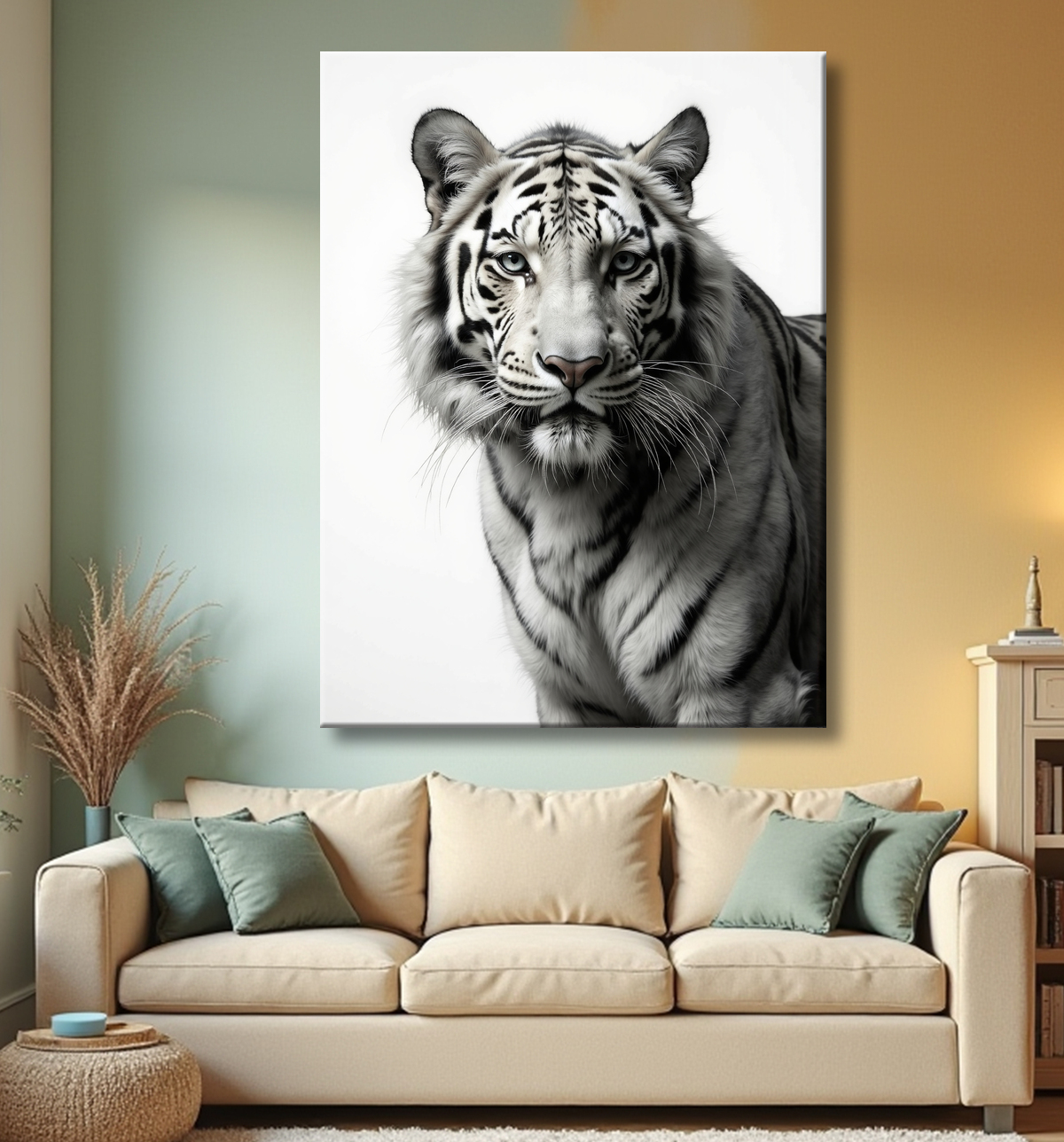 Tableau tigre blanc sur fond clair - Photo d'art décorative avec decor