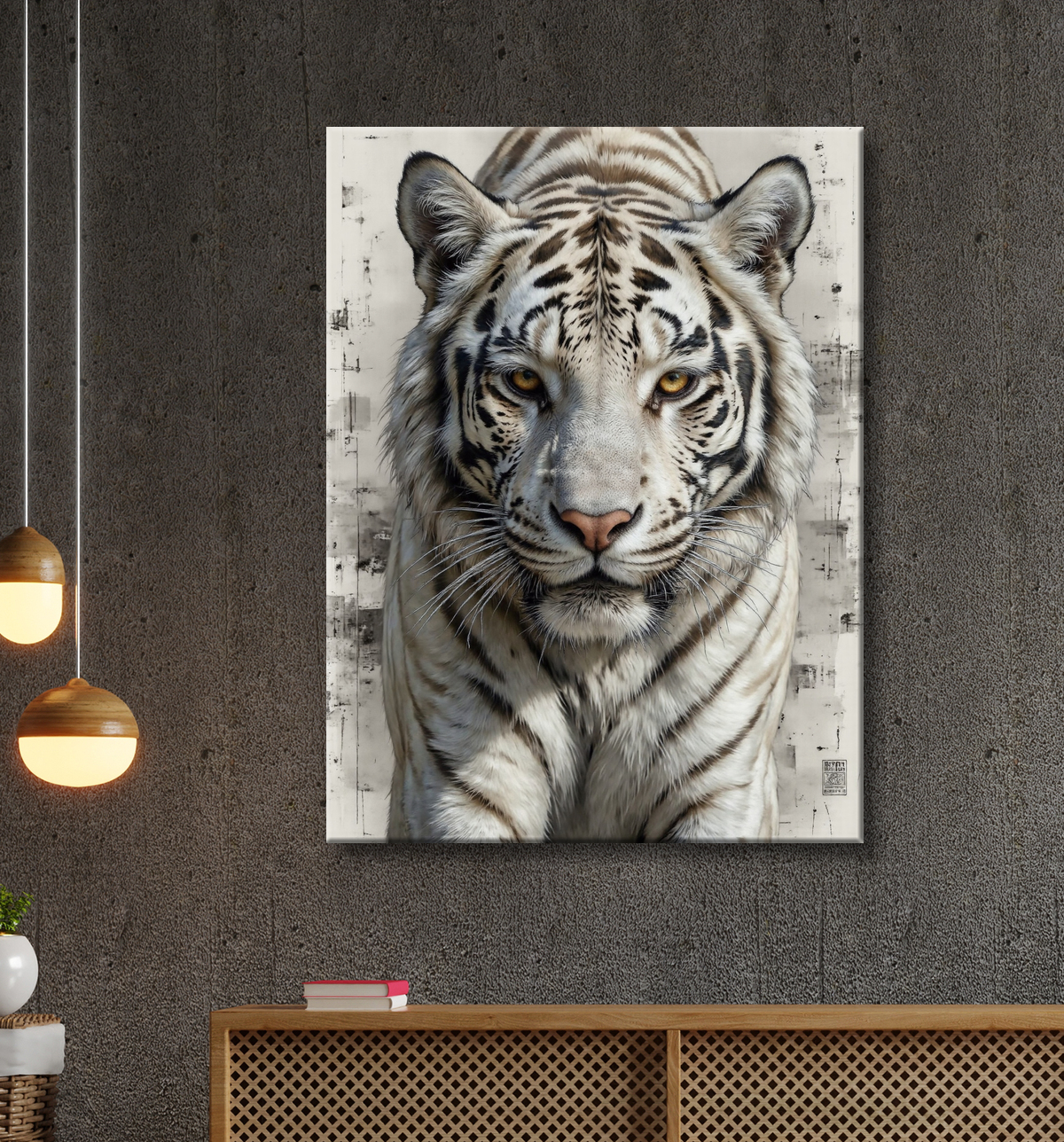 Tableau tigre blanc sur fond clair - Photo d'art décorative avec decor
