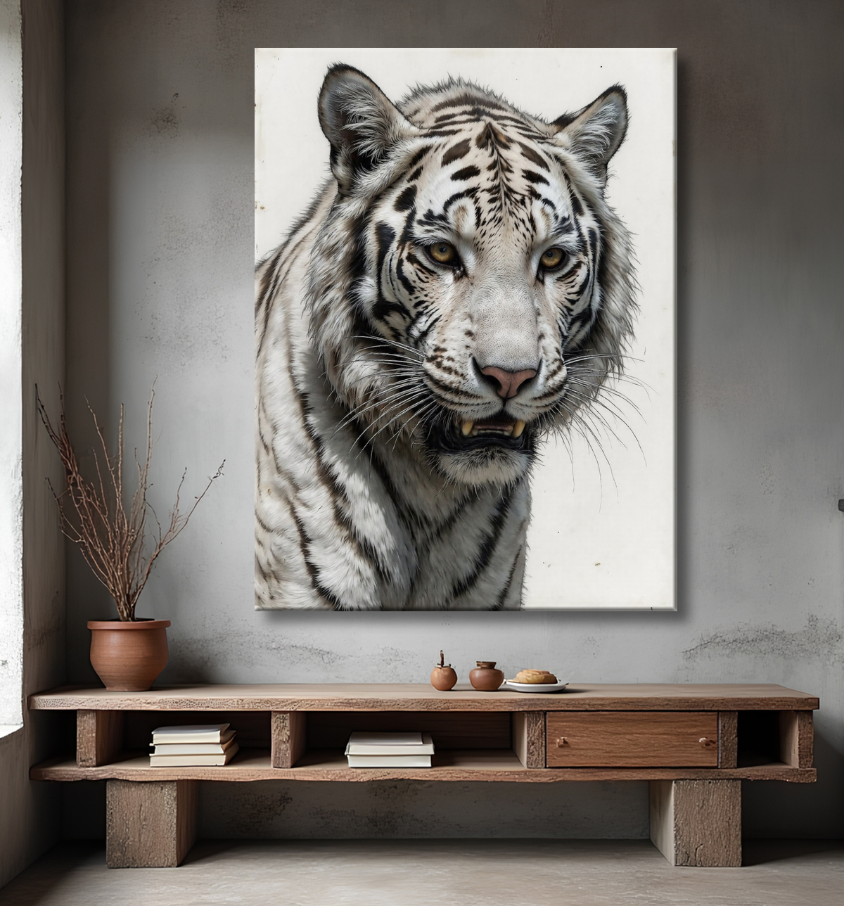 Tableau tigre blanc sur fond clair - Photo d'art décorative avec decor