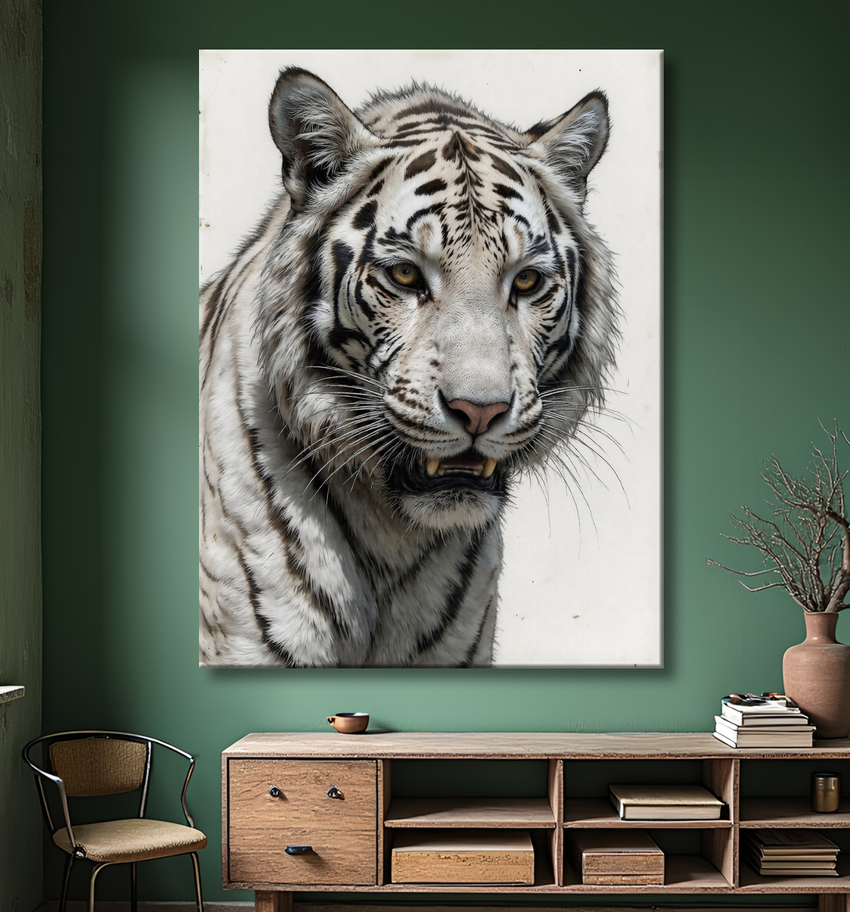 Portrait de tigre blanc sur fond clair ou blanc, décliné en plusieurs expressions et formats. Une œuvre raffinée pour une décoration originale et élégante. Fabrication française et formats sur-mesure.