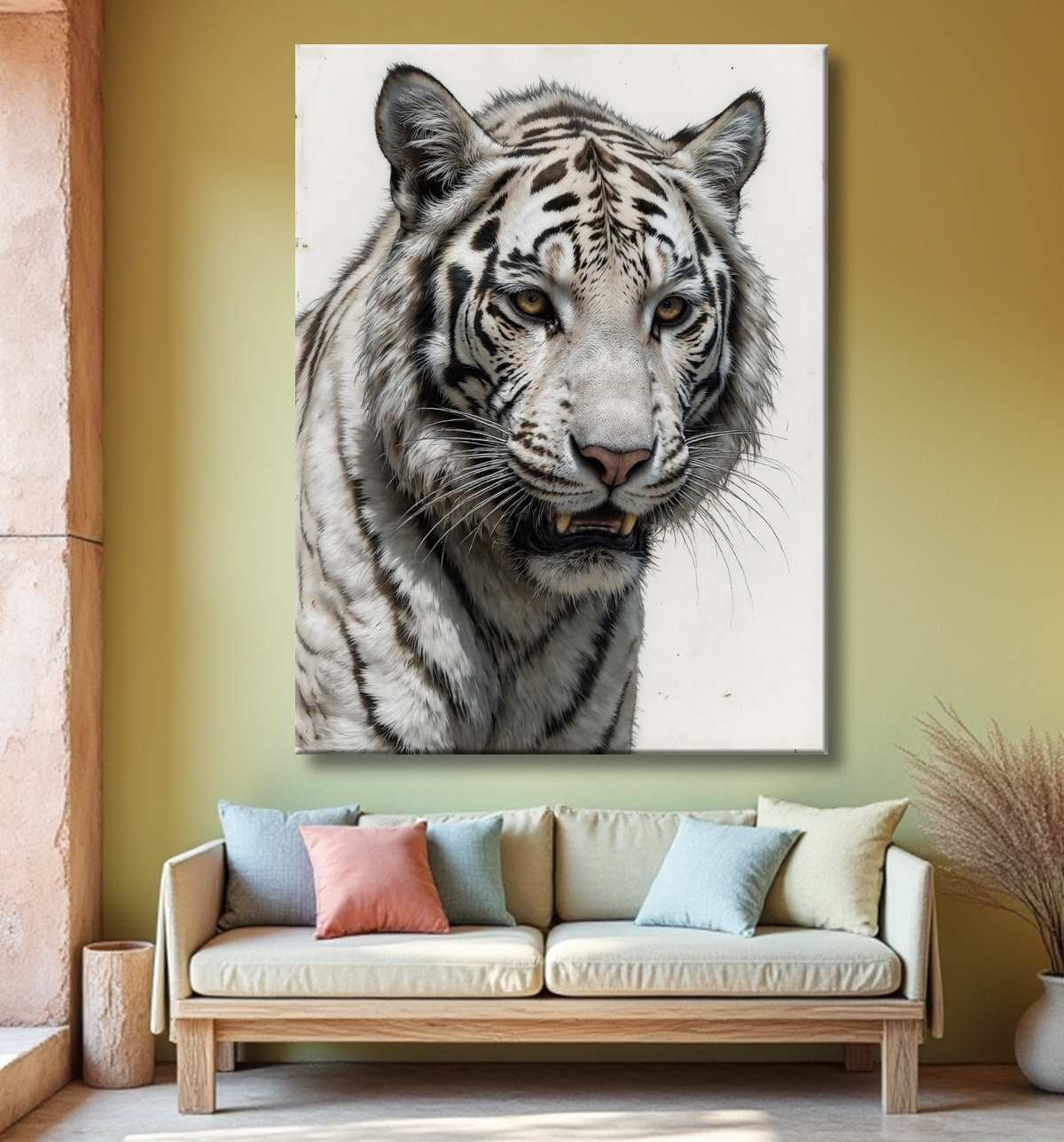 Tableau tigre blanc sur fond clair - Photo d'art décorative avec decor