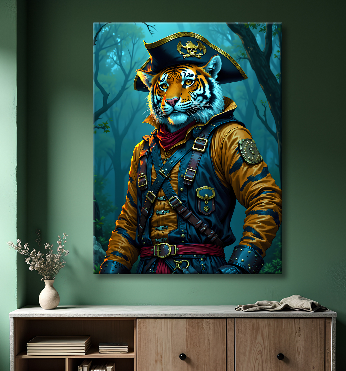 Tableau tigre pirate - Portrait félin stylisé et aventurier avec decor