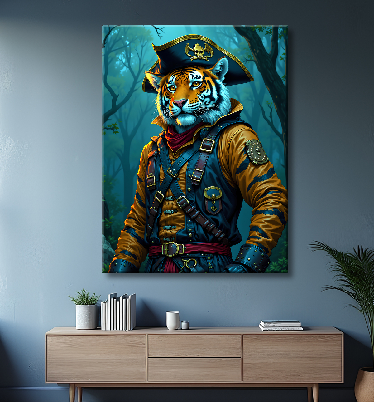 Tableau tigre pirate - Portrait félin stylisé et aventurier avec decor