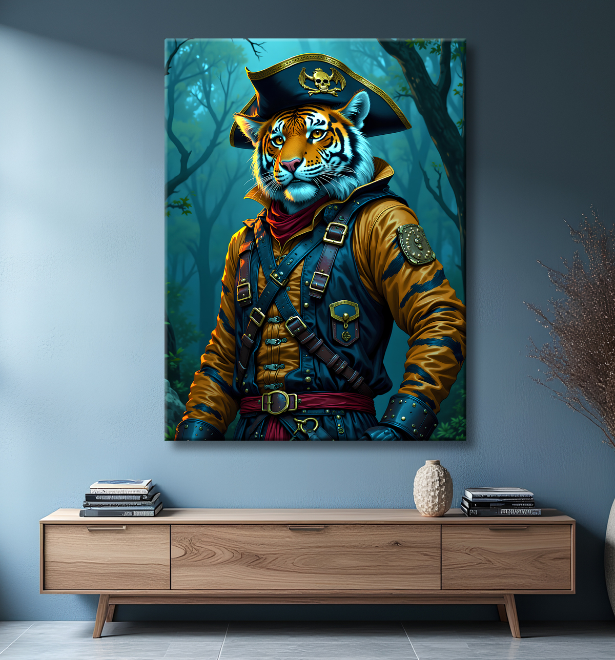Tableau tigre pirate - Portrait félin stylisé et aventurier avec decor