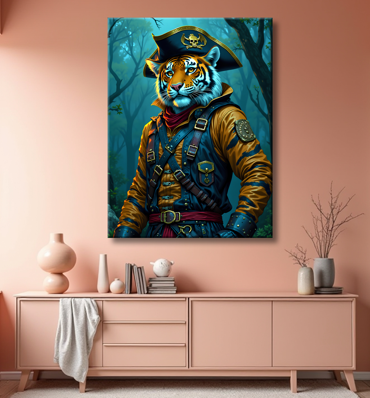 Tableau tigre pirate - Portrait félin stylisé et aventurier avec decor